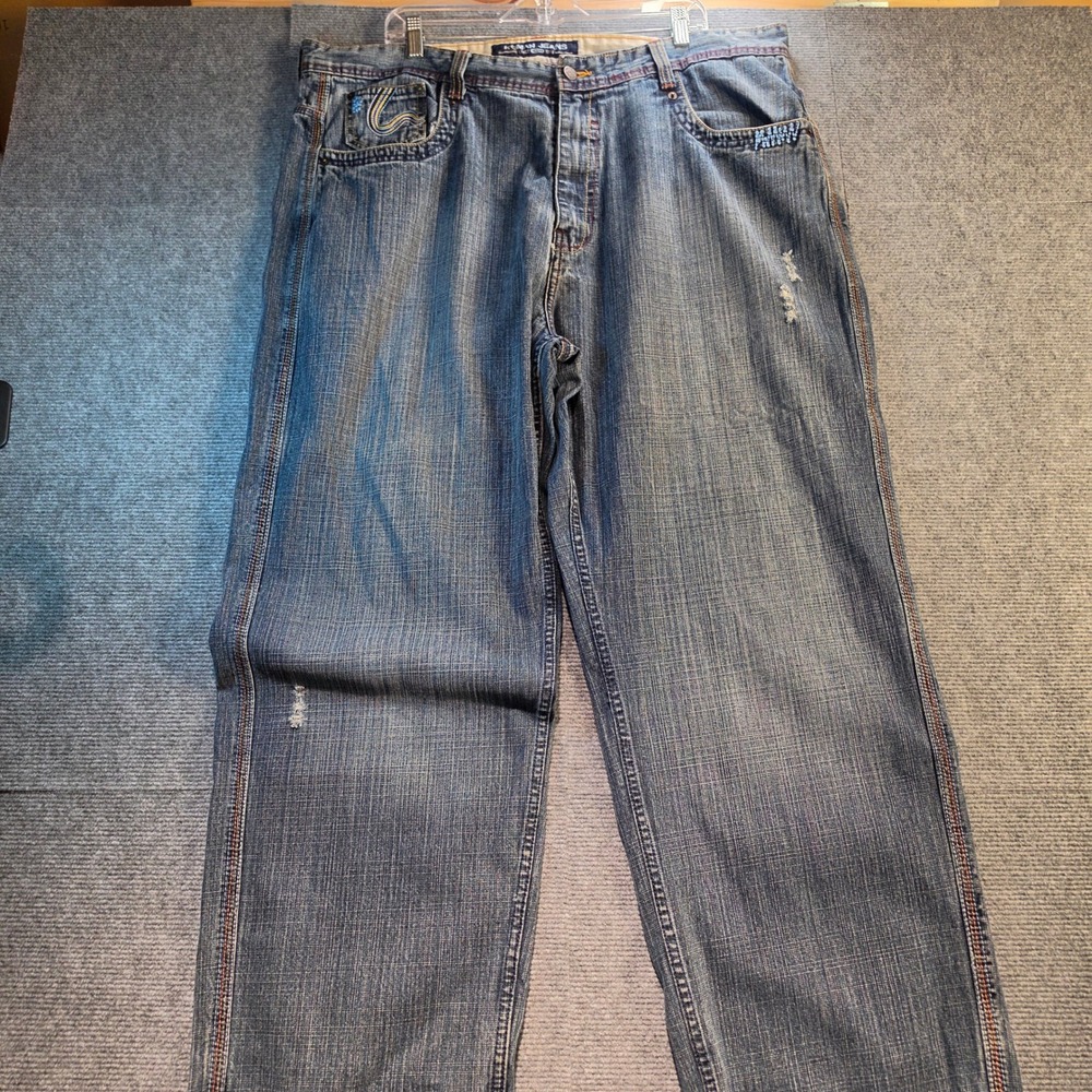 Koman Jeans Baggy Pants Mens 42x32 Blue Good Y2K Embroidered Streetwear Skater